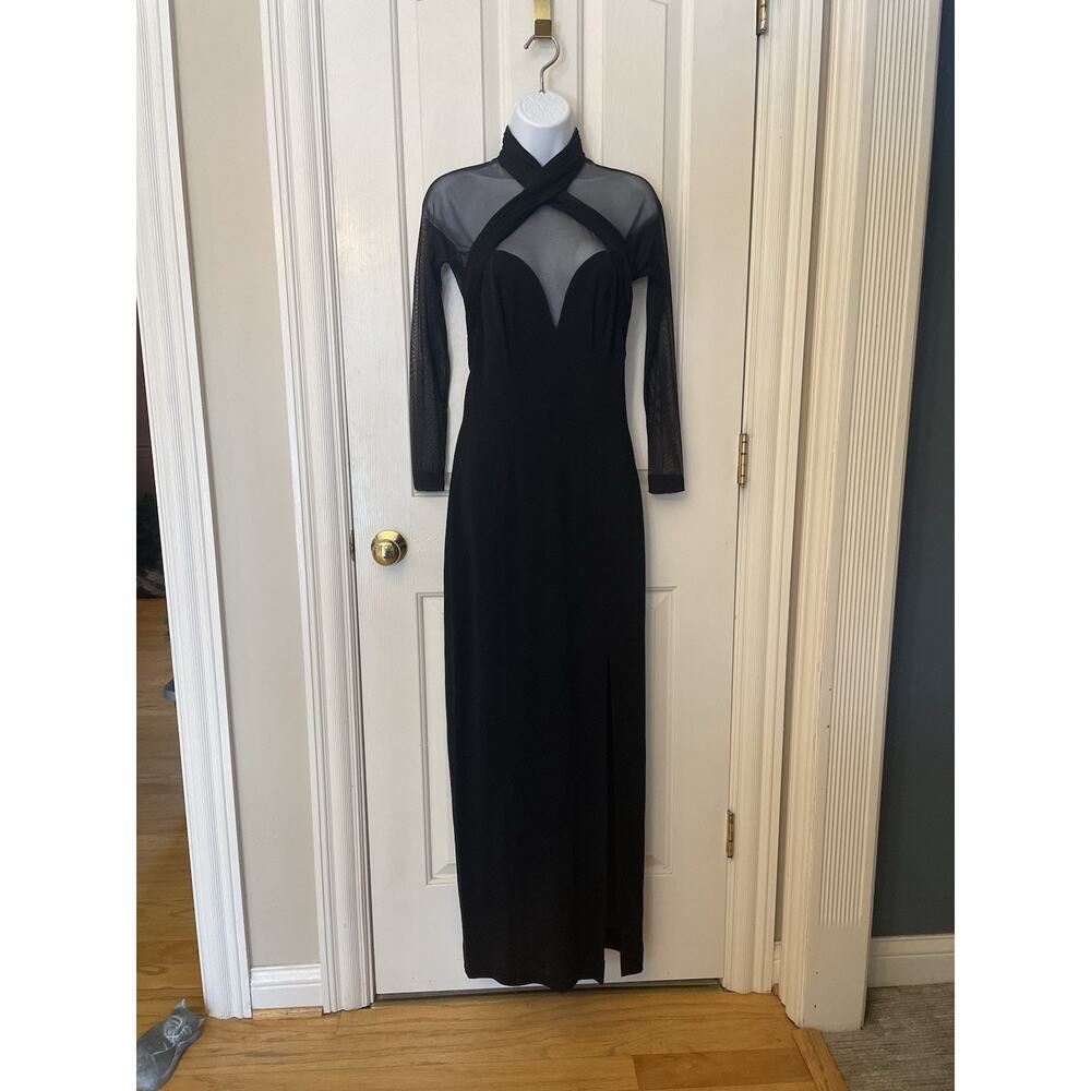 Vintage Lillie Rubin Black Mesh Illusion Neckline Long Sleeve Maxi Dress Size M